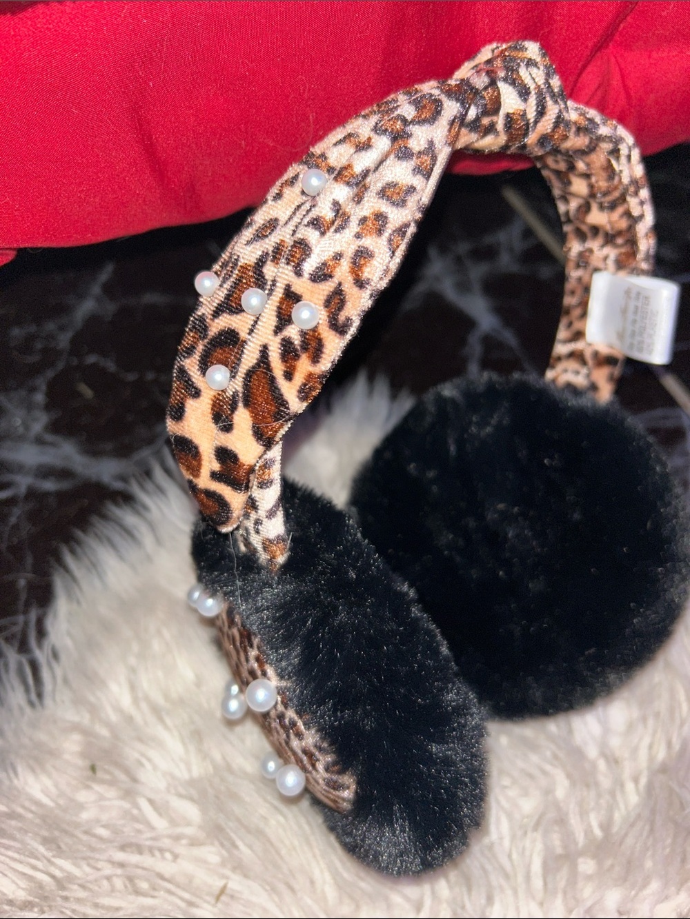 Leopard Print Earmuffs with Faux Pearl Accents - Black Fur NEVER BEEN WORN